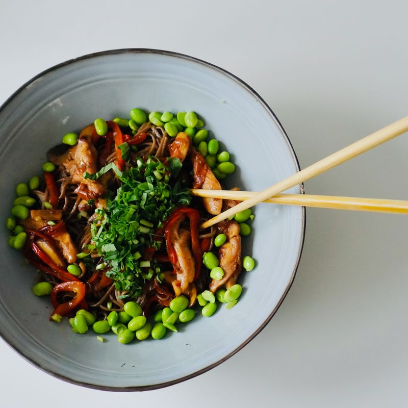 Miso-Ginger Soba Noodle Salad with Edamame and Crispy Shallots
