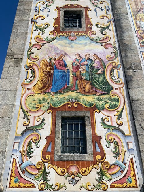 The wall of the church has a painting of the three wise men