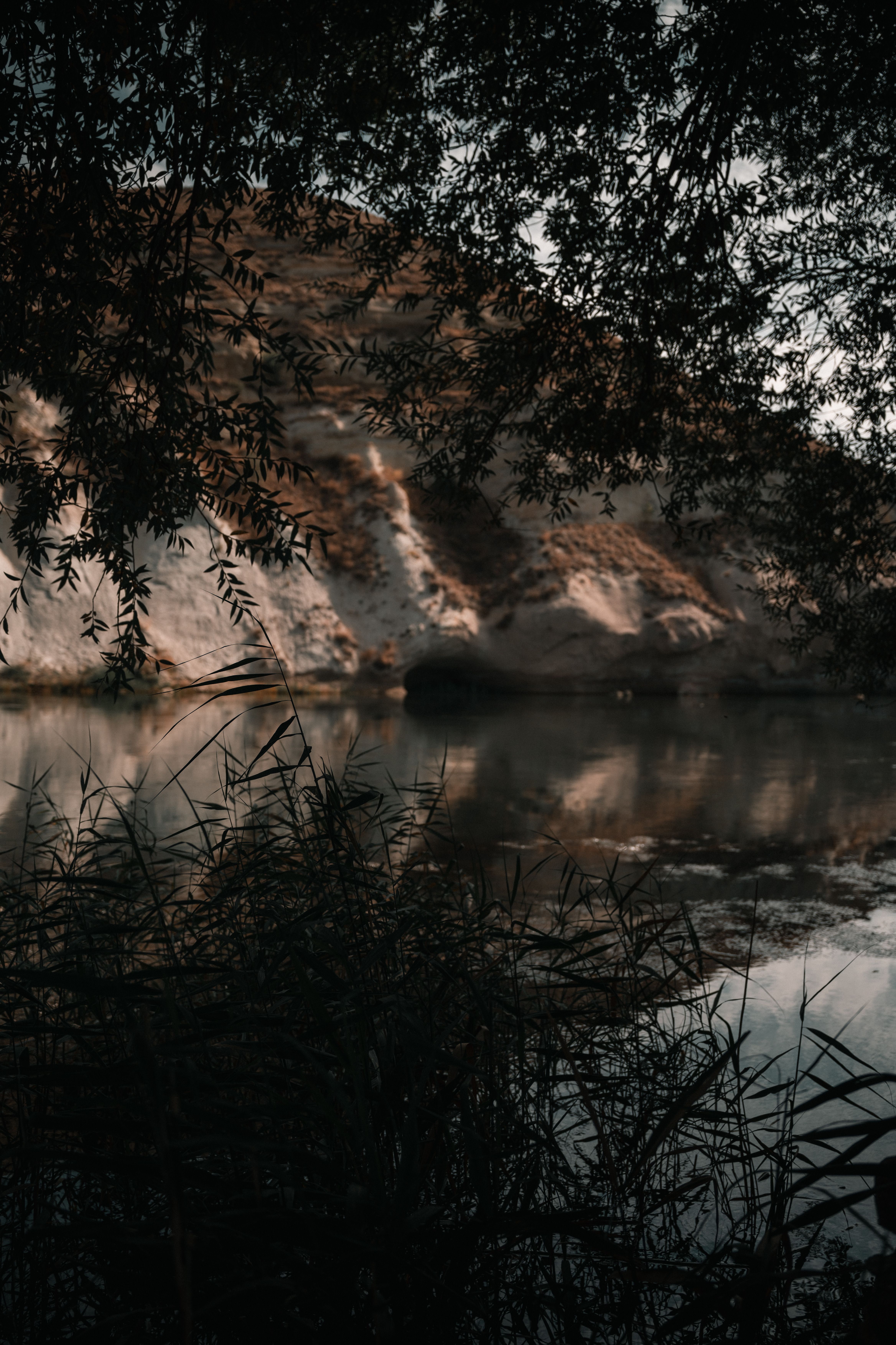 Tranquil scene of a calm lake reflecting a rugged hill, framed by tree branches.