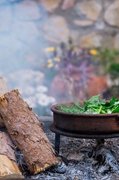 Free A rustic scene of cooking with a cast iron pot and fresh greens over a campfire in the woods. Stock Photo