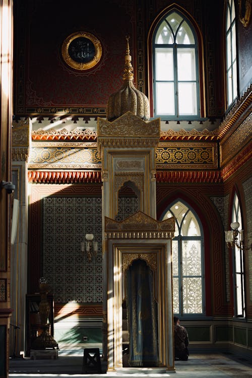 The interior of a building with a large clock