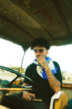 Man in sunglasses and tattoos sitting in a bulldozer's cabin.