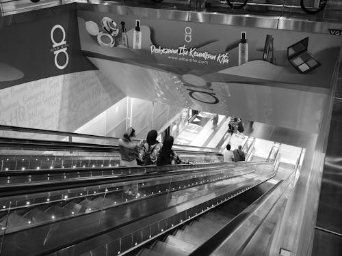 Black and white photo of people riding an escalator
