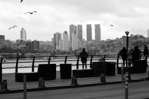 Black and White Photography of People on a City Pier