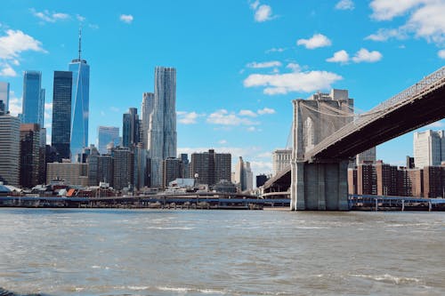 The brooklyn bridge and manhattan skyline from the water
