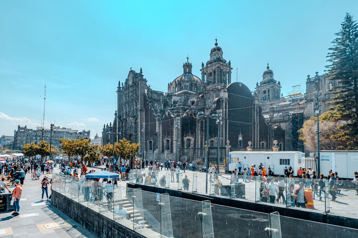 Mexico City's Metropolitan Cathedral overlooking the Zócalo, built directly atop the ruins of Tenochtitlan.