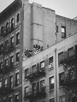 Black and white photo of historic residential buildings with fire escapes in New York City.