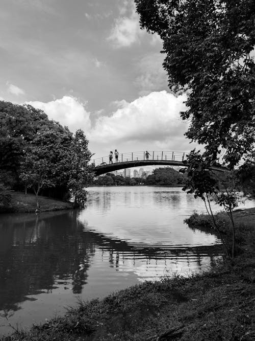 A black and white photo of a bridge over a river