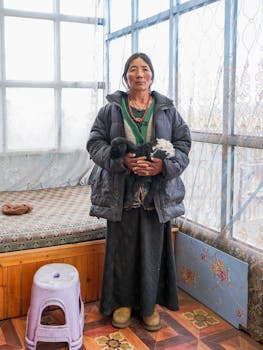 Mongolian woman in traditional attire holding a baby goat inside a cozy room.