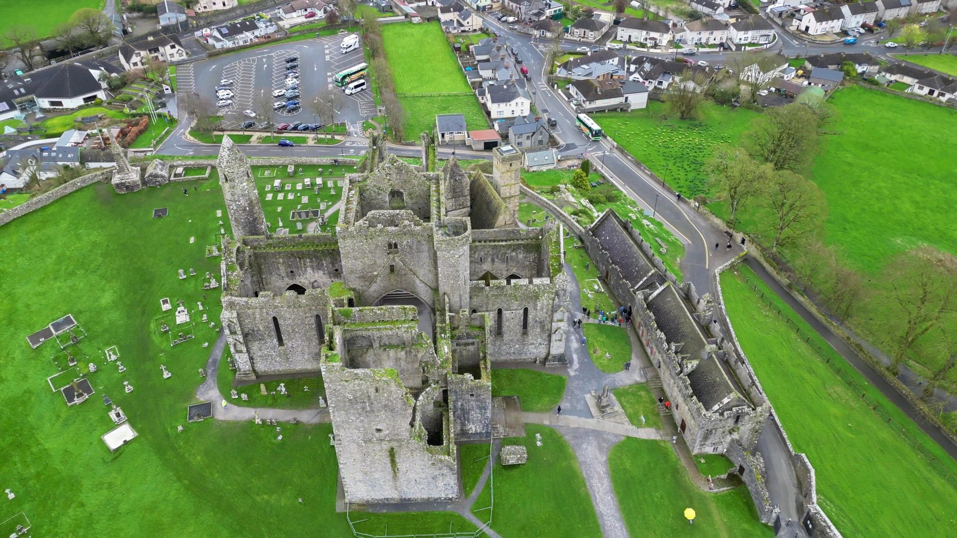 Stunning aerial view of the historic Rock of Cashel in County Tipperary, Ireland.
