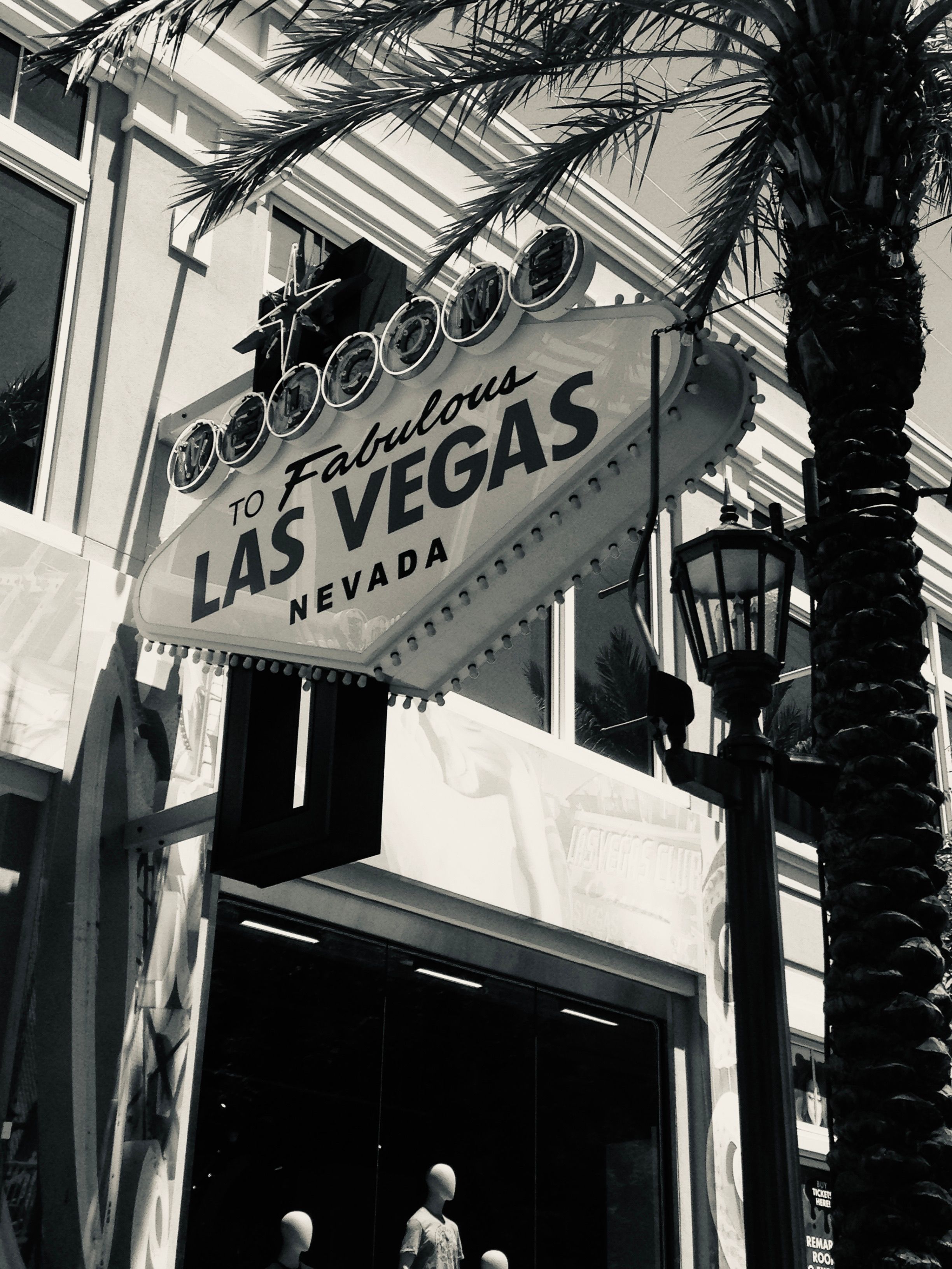 Monochrome image of the iconic Fabulous Las Vegas sign with palm trees, capturing urban vibes.