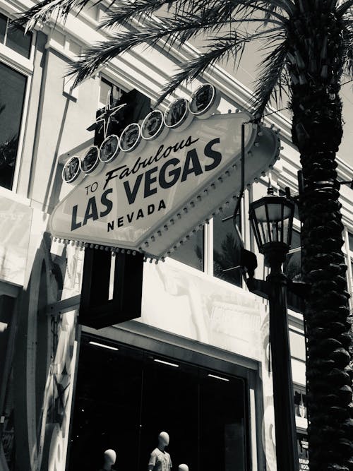 Black and White Photography of a Las Vegas Sign