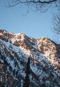 Breathtaking view of snow-covered mountains in Alta, Utah during a clear winter sunset.