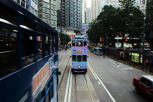 Trams on Street in Hong Kong