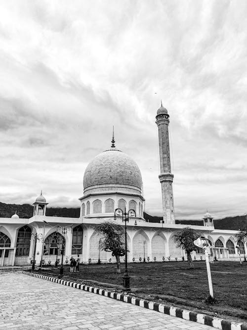 A black and white photo of a mosque