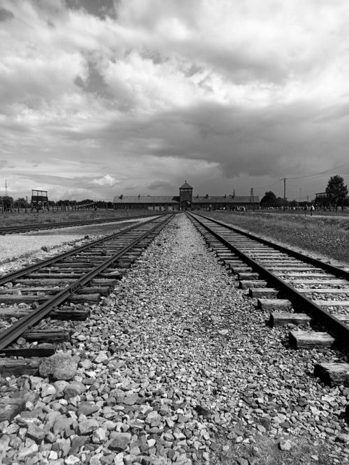 Free Black and white photo of railway tracks leading to Auschwitz in Oświęcim, Poland, with dramatic clouds. Stock Photo