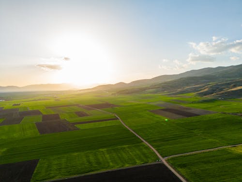 An aerial view of a green field with a sun setting