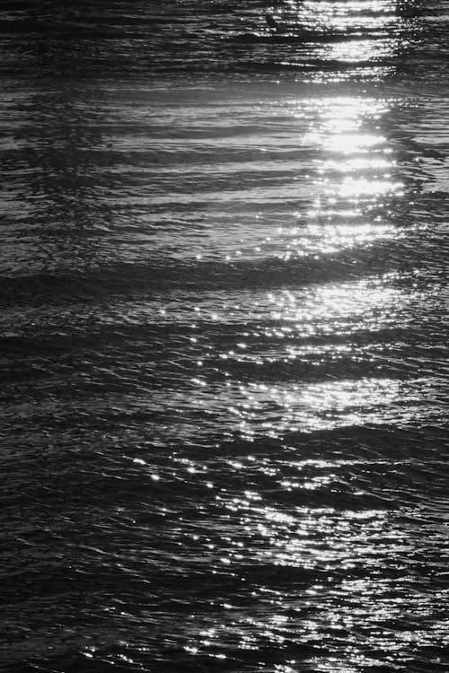 A black and white photo of the sun reflecting on water