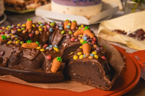 A chocolate cake with chocolate icing and sprinkles