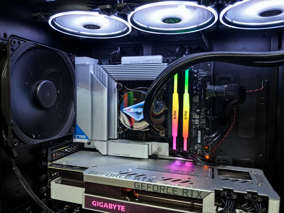High performance PC internals with RTX graphics card, RGB RAM and liquid cooling