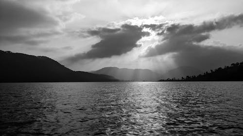 Fotos de stock gratuitas de blanco y negro, iluminado por el sol, lago