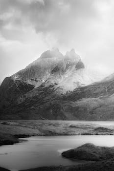 Stunning black and white landscape of rugged mountains in Puerto Natales, Chile.