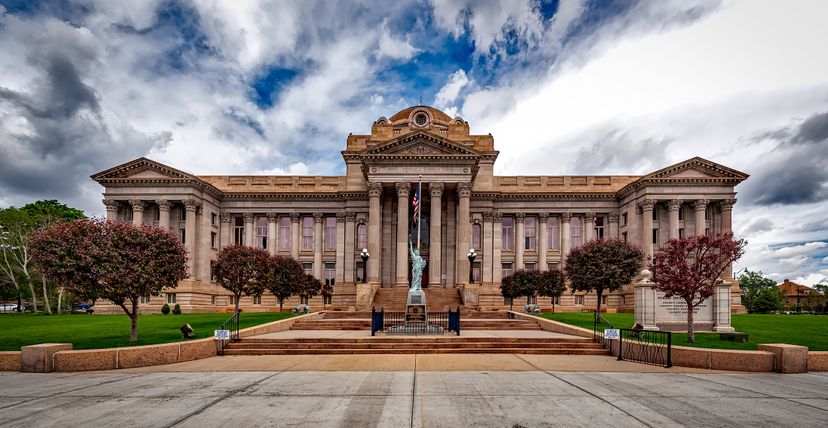 Courthouse under a storm sky