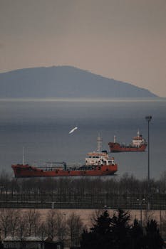 Two cargo ships sailing on a calm sea near an island, with a serene backdrop and industrial vibe.