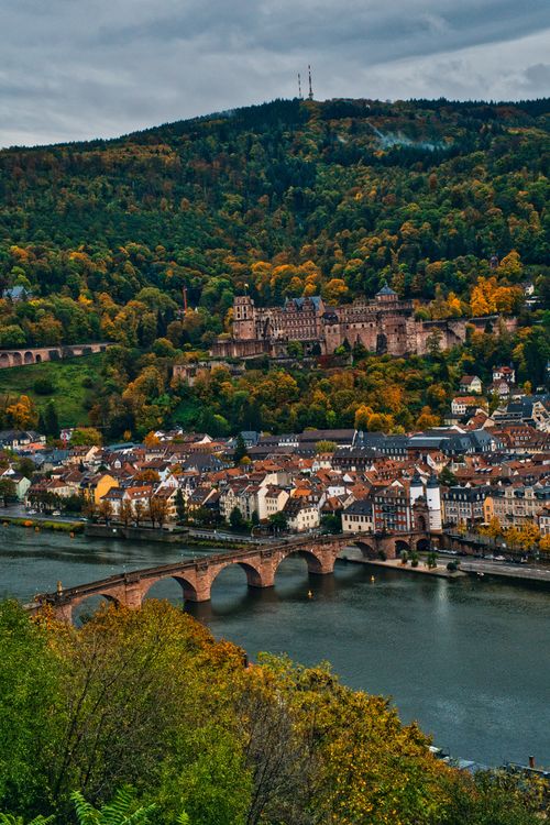 Free Captivating view of Heidelberg Castle and the Old Bridge over the Neckar River in autumn. Stock Photo