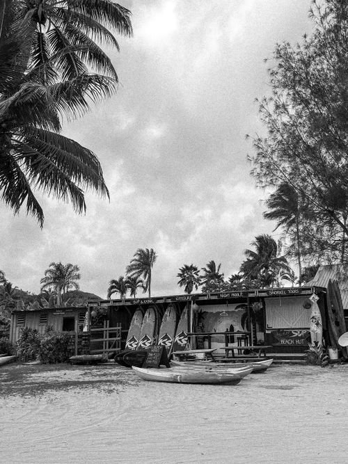 Free Black and white image of a tropical beach hut surrounded by surfboards and canoes, evoking a vacation vibe. Stock Photo