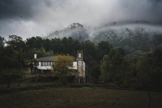 A solitary house nestled in a foggy forest beneath a mist-covered mountain, evoking a serene and mysterious atmosphere.