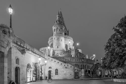 A black and white photo of a castle at night