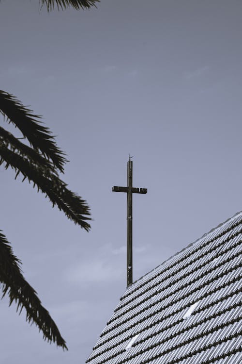 A cross is on top of a roof with palm trees