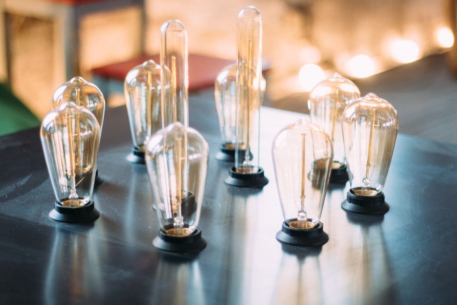 Close-up of vintage Edison bulbs, elegantly displayed in an indoor setting with soft lighting ambiance.
