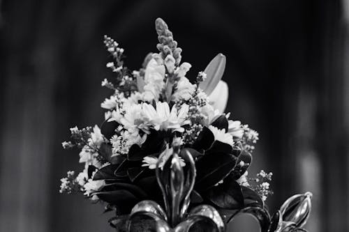 Black and white photograph of a vase with flowers