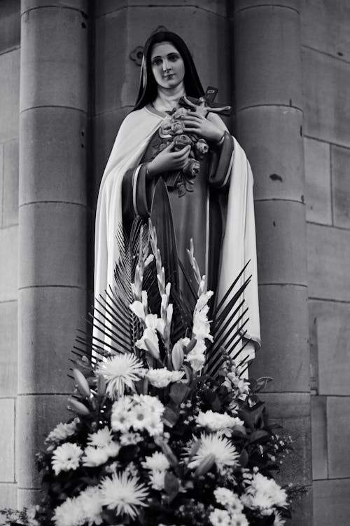 A statue of mary is standing in front of flowers