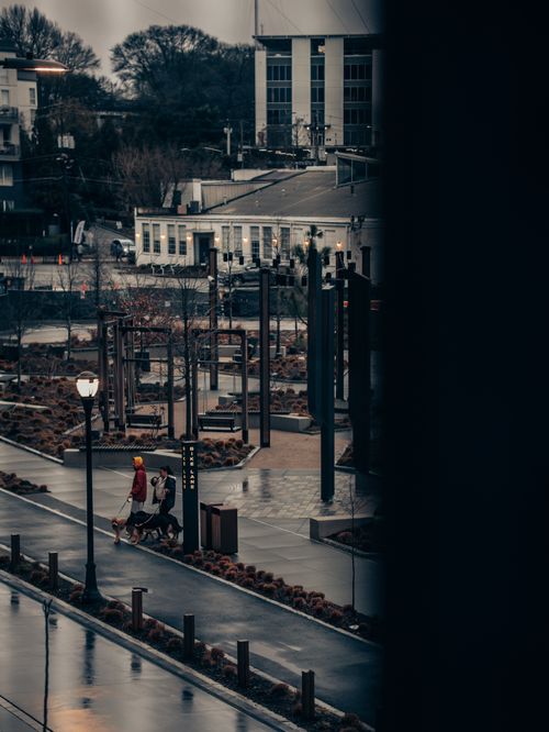 Free A moody Atlanta street scene featuring people walking dogs on a rainy day. Stock Photo