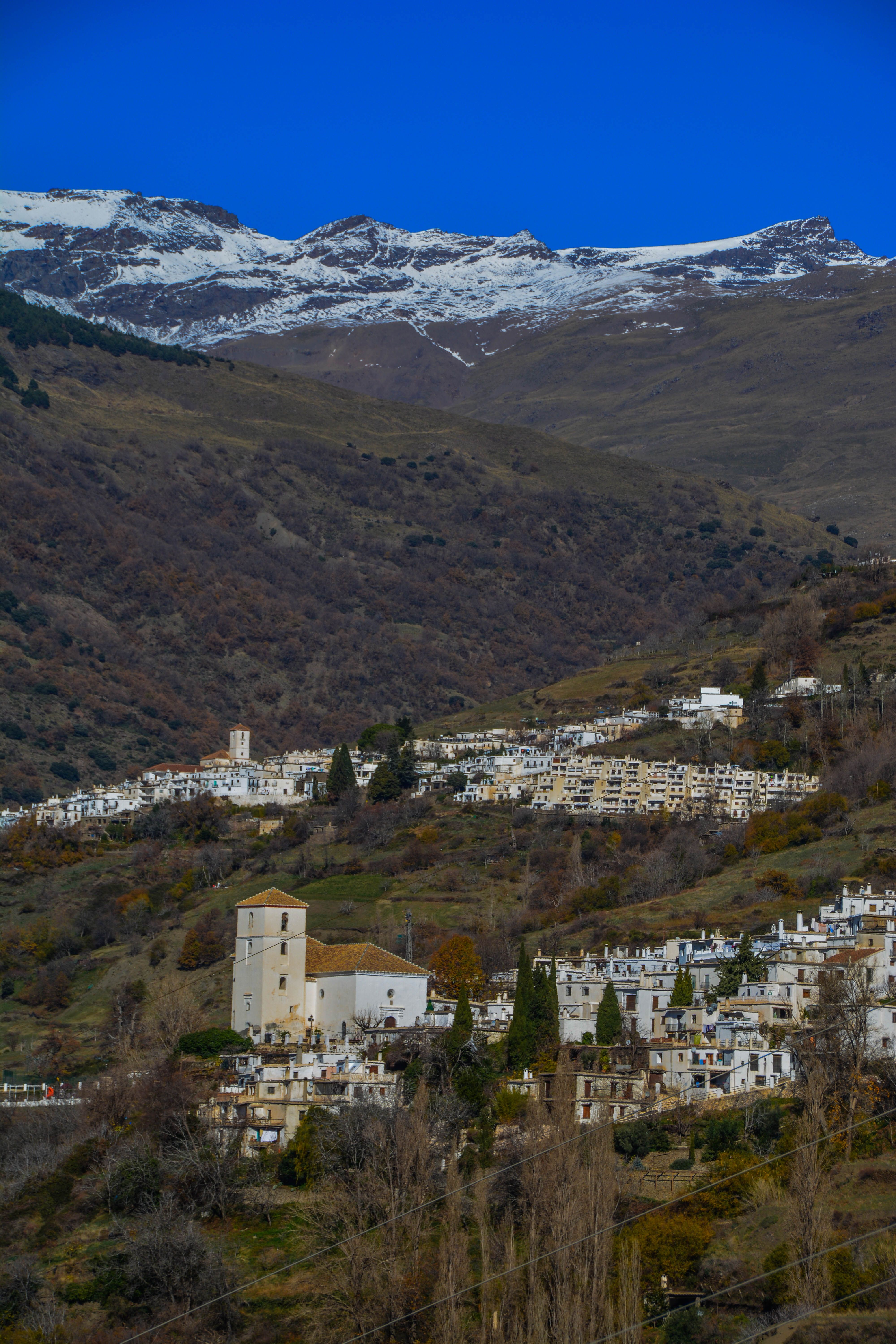 Picturesque Capileira in Spain's Alpujarras with vibrant fall colors and snowcapped mountains.