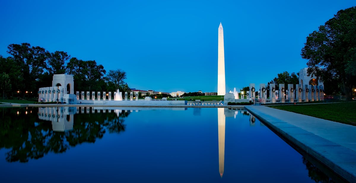 Washington, D.C. skyline and monuments at dusk