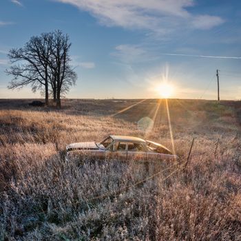 An old car sits abandoned in a golden field during sunset in rural Minnesota.