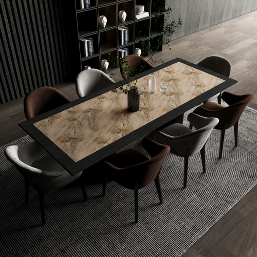 Free Top view of a luxurious marble dining table with stylish chairs in a modern interior setting. Stock Photo