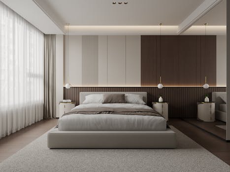 Elegant modern bedroom with neutral tones, luxury decor, and stylish furnishings.