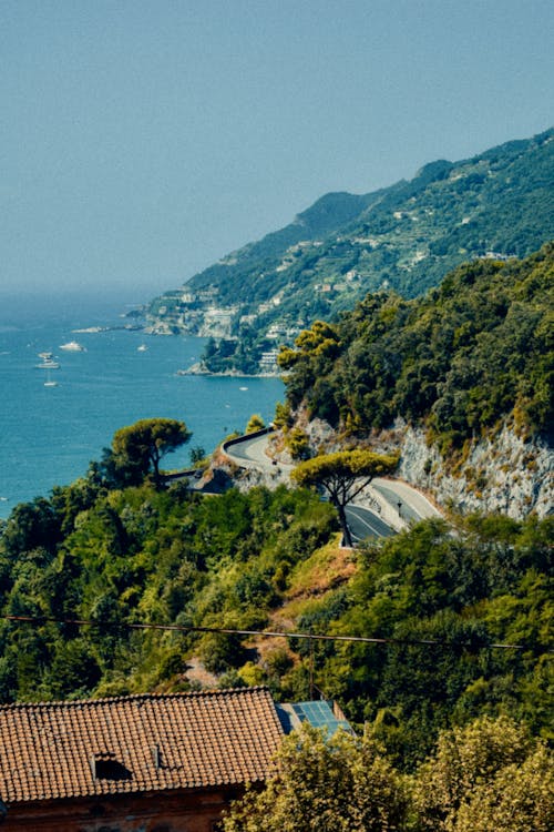 A scenic view of the sea and mountains