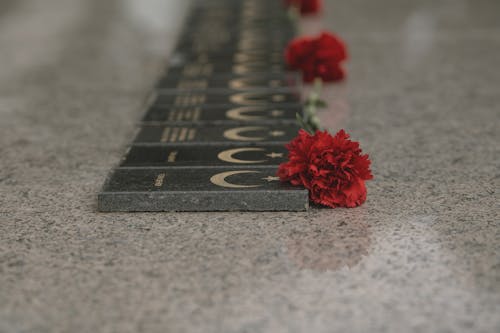 A row of black and red flowers on a marble floor