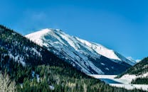 晴朗的蓝天下，一座雪山被常绿森林环绕，展现出秀丽的冬季景色