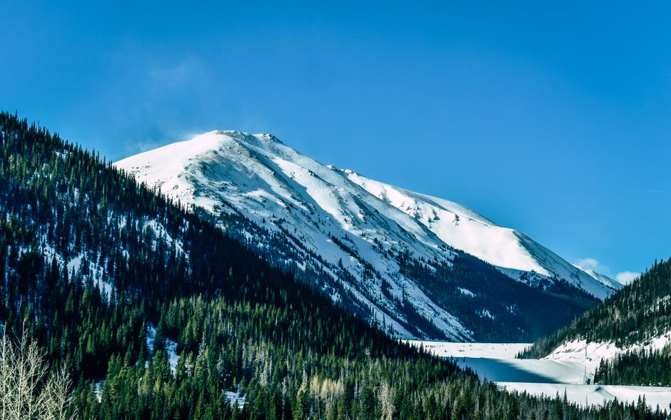 Scenic winter view of a snow-capped mountain surrounded by evergreen forests under a clear blue sky.