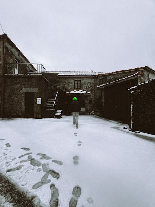 A person walking through the snow in front of a building