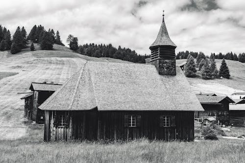 Wooden Church in a Valley in Black and White 