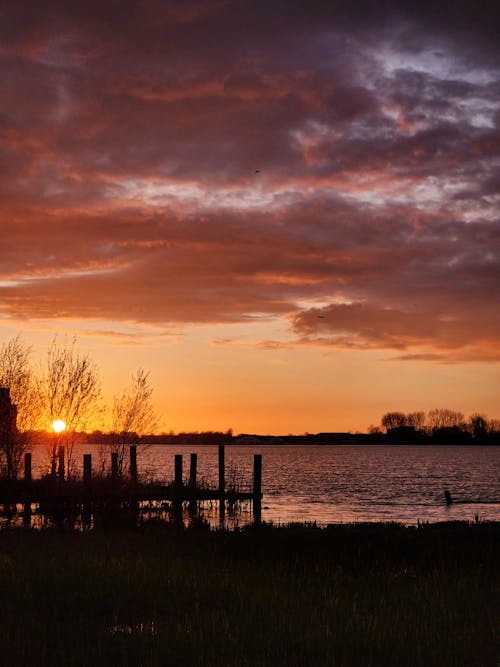 Sunset over the water with a dock and a bird