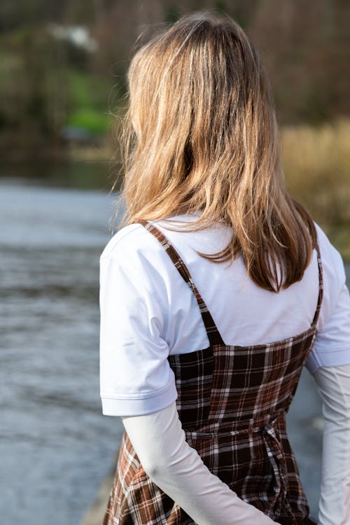 Blonde Woman Wearing Checked Dress